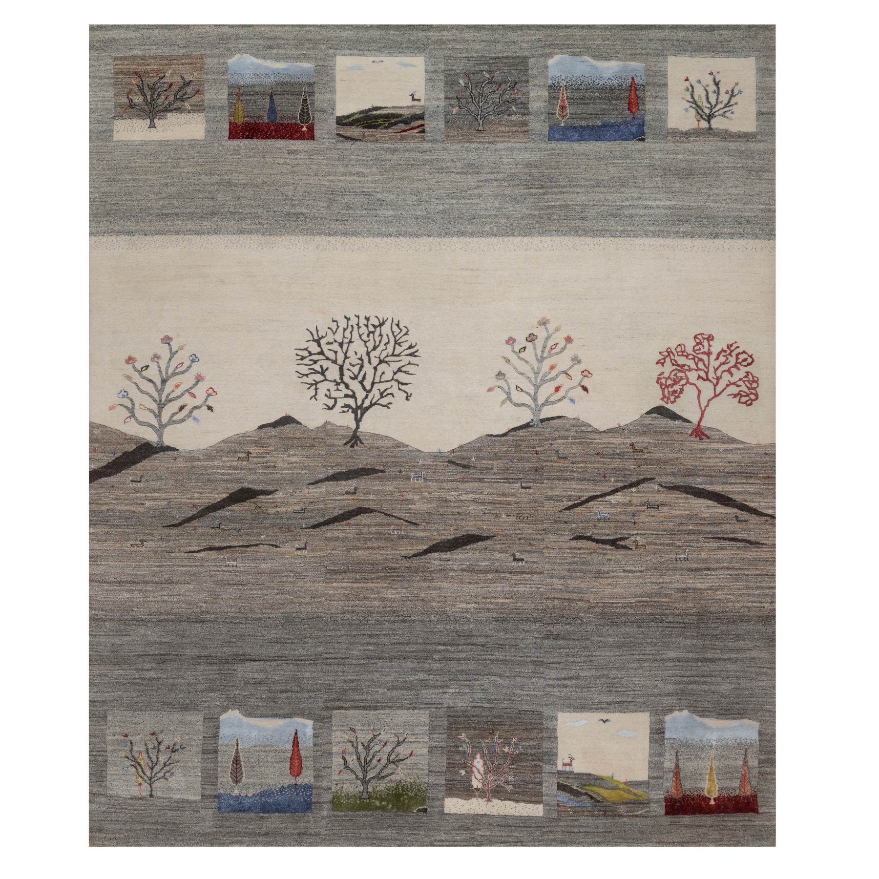 Dove Gray, Modern, Lori Buft Gabbeh with Pictorial Design, Small Animal Figurines, Hand Knotted, Soft Pile, Thick and Plush, Pure Wool, Oriental Rug